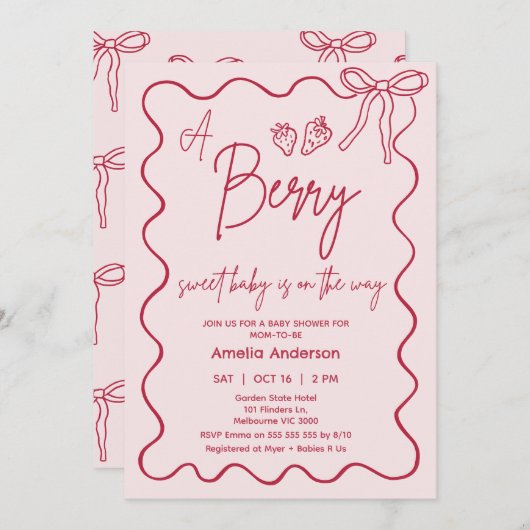 手描き赤ピンクいちご赤ちゃんシャワー 招待状 (正面/裏面)