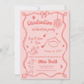 手描き赤ピンクドードル写真卒業パーティー 招待状 (正面)