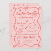 手描き赤ピンクドードル写真卒業パーティー 招待状 (正面/裏面)