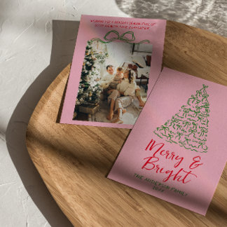 手描き赤ピンクリボンツリーフォトクリスマス シーズンカード