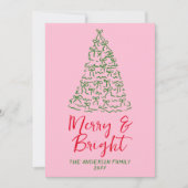 手描き赤ピンクリボンツリーフォトクリスマス シーズンカード (正面)