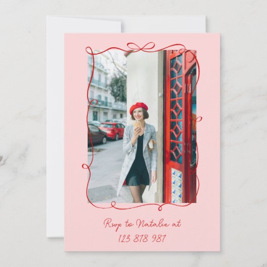 手描き赤ピンク波打ち70sフォトバースデーパーティー 招待状 (裏面)