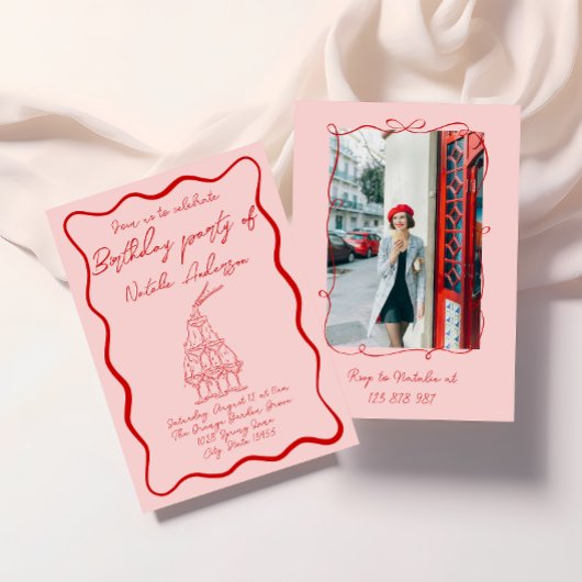 手描き赤ピンク波打ち70sフォトバースデーパーティー 招待状