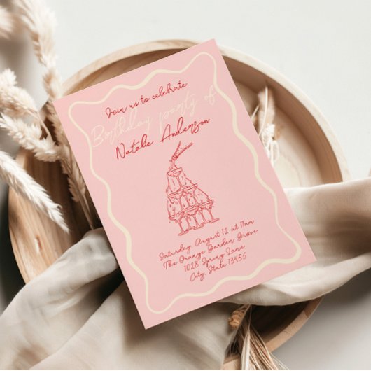 手描き赤ピンク波状フレーム70s誕生日パーティー 招待状