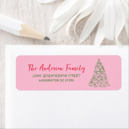 手描き赤ピンク緑のリボンツリークリスマス ラベル