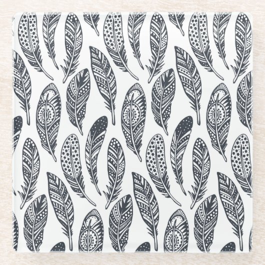 手描き部族羽、ヴィンテージ柄。 ガラスコースター (正面)