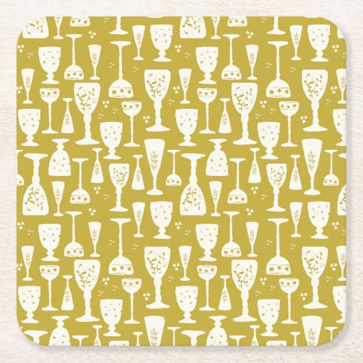 手描き金ゴールドヴィンテージシャンパンフルート スクエアペーパーコースター (正面)