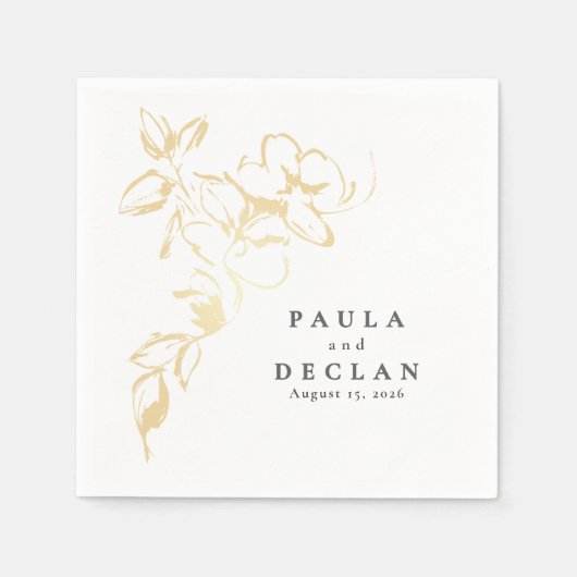 手描き金ゴールド花エレガントミニマ結婚リスト スタンダードカクテルナプキン (正面)