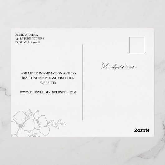 手描き金箔ラインアートフラワーフォト結婚ズ 箔招待状ポストカード (裏面)