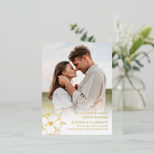 手描き金箔ラインアートフラワーフォト結婚ズ 箔招待状ポストカード (立ち正面)