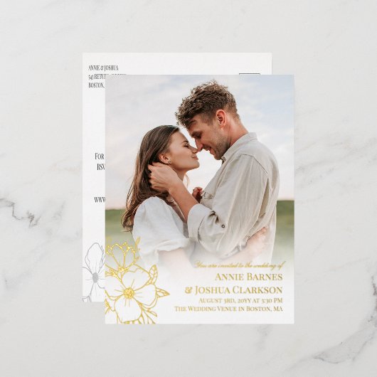 手描き金箔ラインアートフラワーフォト結婚ズ 箔招待状ポストカード (正面/裏面)