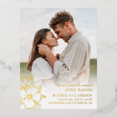 手描き金箔ラインアートフラワーフォト結婚ズ 箔招待状ポストカード (正面)