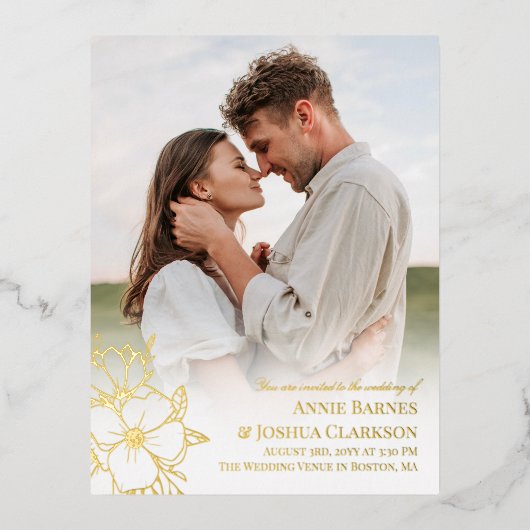 手描き金箔ラインアートフラワーフォト結婚ズ 箔招待状ポストカード (正面)