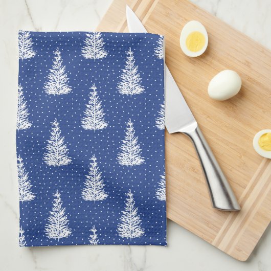 手描き雪覆い木模様藍 キッチンタオル (四つ折り)