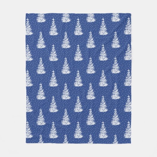 手描き雪覆い木模様藍 フリースブランケット (正面)
