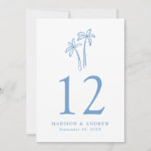 手描き青いヤシの木結婚のテーブル番号 招待状 (正面)