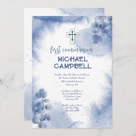 手描き青いユーカリの招待状 招待状 (正面/裏面)