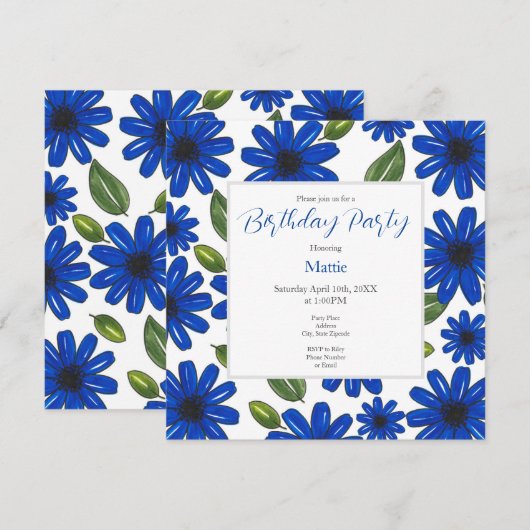 手描き青い花柄 招待状 (正面/裏面)