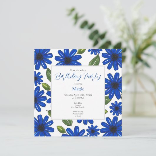 手描き青い花柄 招待状 (スタンド正面)