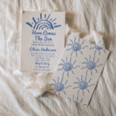 手描き青ここに息子来サン赤ん坊シャワー 招待状