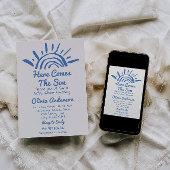 手描き青ここに息子来サン赤ん坊シャワー 招待状