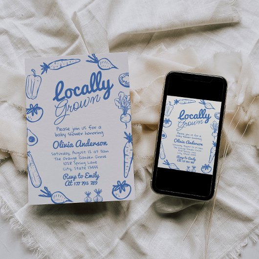 手描き青の地元で育った男の子の赤ちゃんシャワー 招待状