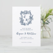 手描き青フローラクレストモノグラム結婚ズ セーブザデート (スタンド正面)