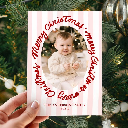 手描き風のメリークリスマス ピンクの2枚の写真入りクリスマスカード シーズンカード
