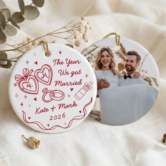 手描き風ファーストクリスマス 結婚記念 セラミックオーナメント