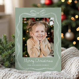 手描き風リボンフレームのセージグリーン2枚写真入りクリスマスカード シーズンカード