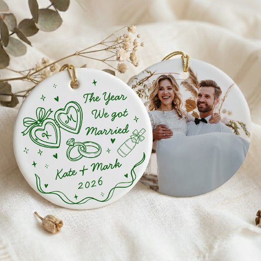 手描き風初クリスマス結婚 セラミックオーナメント