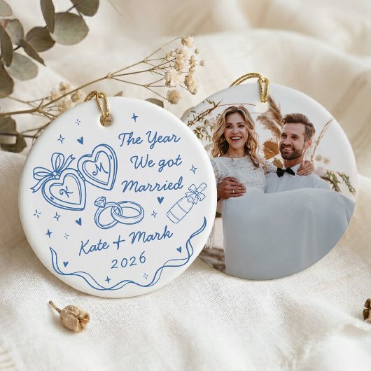手描き風初クリスマス結婚 セラミックオーナメント