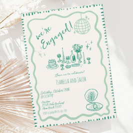 手描き風変わりな波状エンゲージメントパーティー 招待状