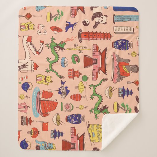 手描き香港のモチーフ:シームレスなパターン シェルパブランケット (正面)