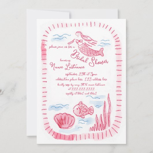 手描き魅力的ピンクマーメイドブライダルシャワー 招待状 (正面)