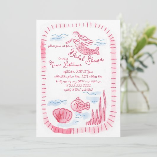手描き魅力的ピンクマーメイドブライダルシャワー 招待状 (スタンド正面)