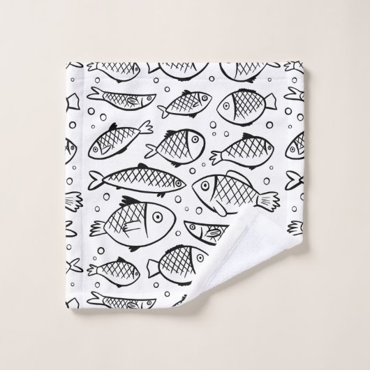 手描き魚と泡黒白ID489 バスタオルセット (ウォッシュタオル)