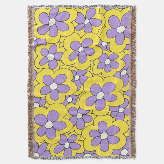 手描き黄色と紫の花のデザイン スローブランケット (正面縦)