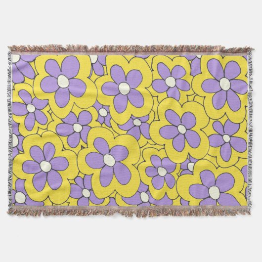 手描き黄色と紫の花のデザイン スローブランケット (正面)