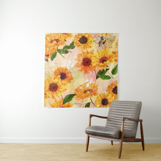 手描き黄色ひまわり水彩パターン タペストリー (インサイチュ)