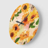 手描き黄色ひまわり水彩パターン ラージ壁時計 (傾斜)