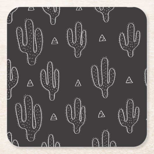 手描き黒サボテンのパターン スクエアペーパーコースター (正面)