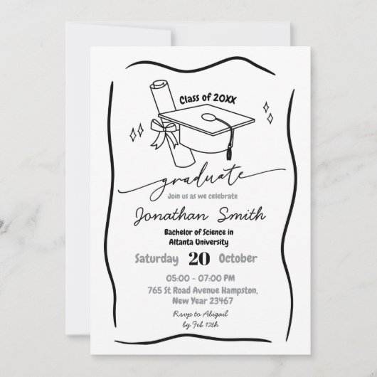 手描き黒卒業 招待状 (正面)