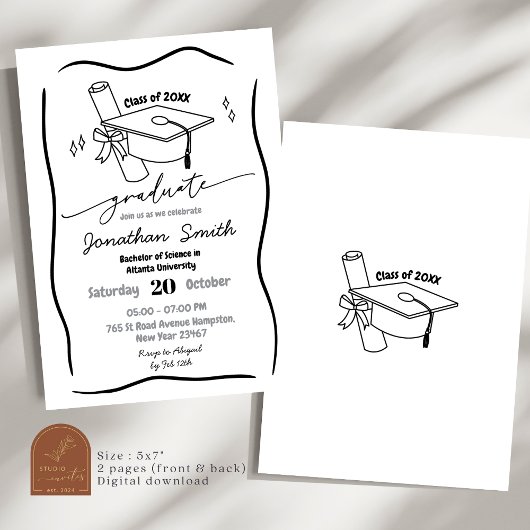 手描き黒卒業 招待状