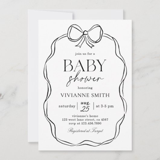 手描き黒弓ベビーガールシャワー 招待状 (正面)