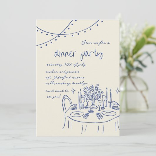 手描き&手書きの遊び心あふれるディナーの結婚式 招待状 (スタンド正面)