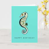 手描き – SEAHORSE – 野生生物 – アクア カード (黄色い花)