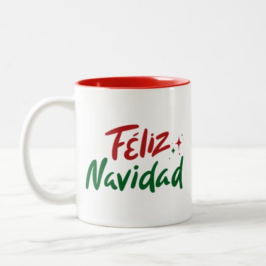 手描きFeliz Navidadデザイン ツートーンマグカップ (左)