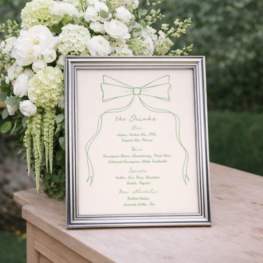 手描きQuriky Bow Greenのバードリンク結婚メニュー ポスター