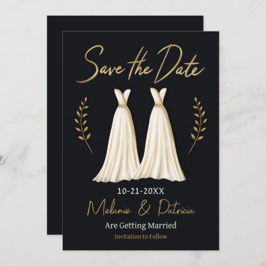 手描エレガントきレズビアン結婚式の日付を保存 招待状 (正面/裏面)